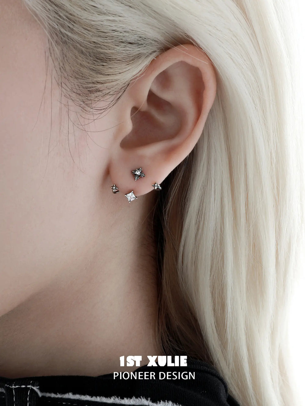 1ST XULIE Jewelry "Irises" Vintage Oxidized Iris Cross Stud Earrings in 925 Sterling Silver - Angle 1