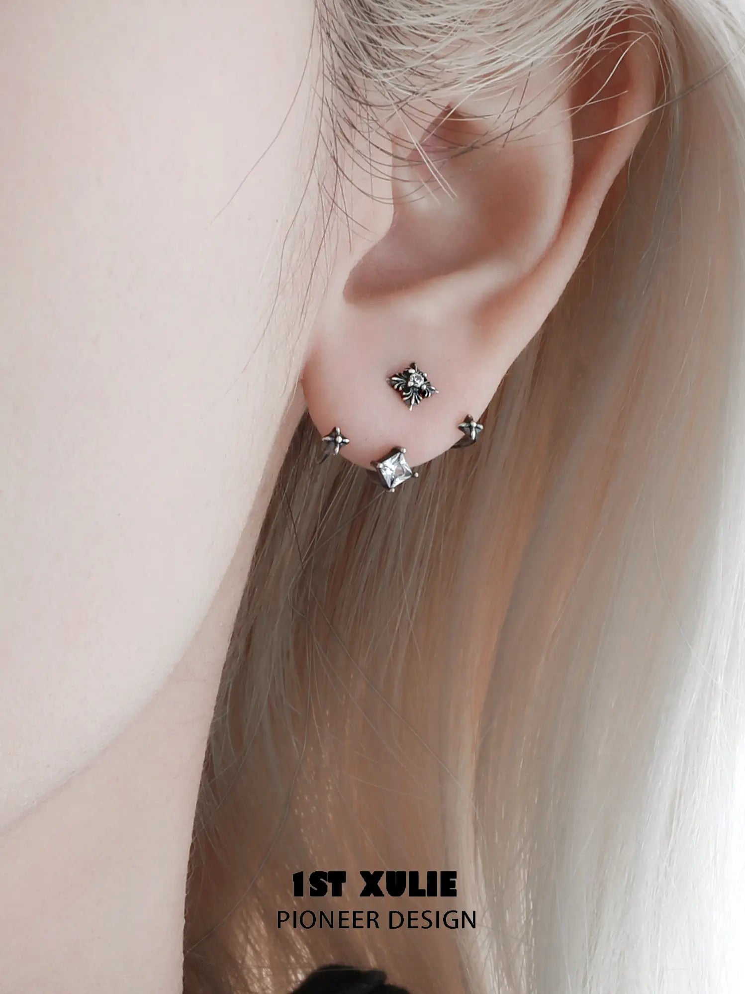 1ST XULIE Jewelry "Irises" Vintage Oxidized Iris Cross Stud Earrings in 925 Sterling Silver - Back View