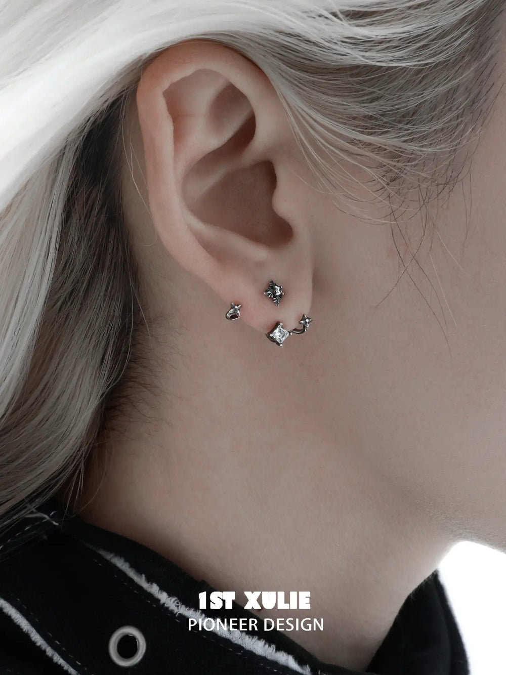 1ST XULIE Jewelry "Irises" Vintage Oxidized Iris Cross Stud Earrings in 925 Sterling Silver - Detail Shot