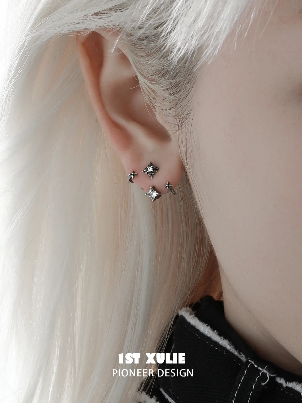 1ST XULIE Jewelry "Irises" Vintage Oxidized Iris Cross Stud Earrings in 925 Sterling Silver - Side View