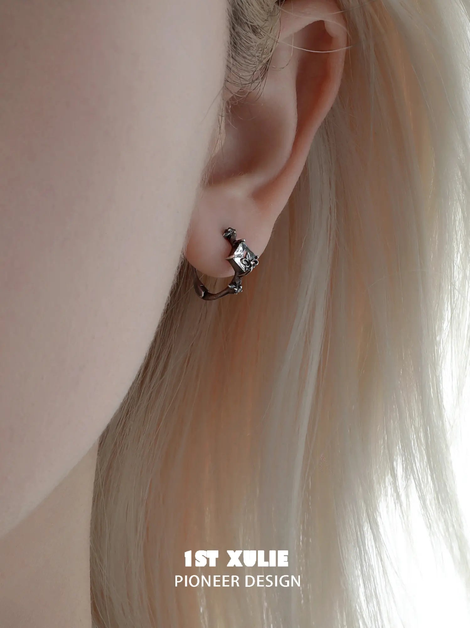 1ST XULIE Jewelry "Irises" Vintage Oxidized Iris Huggie Hoop Earrings in 925 Sterling Silver - Angle 1