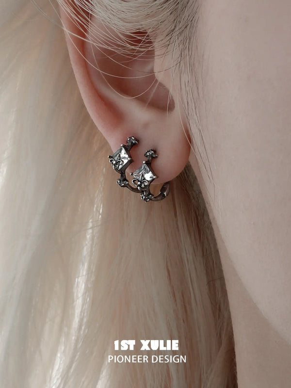 "Irises" 925 Sterling Silver Vintage Oxidized Iris Huggie Hoop Earrings, Zirconia