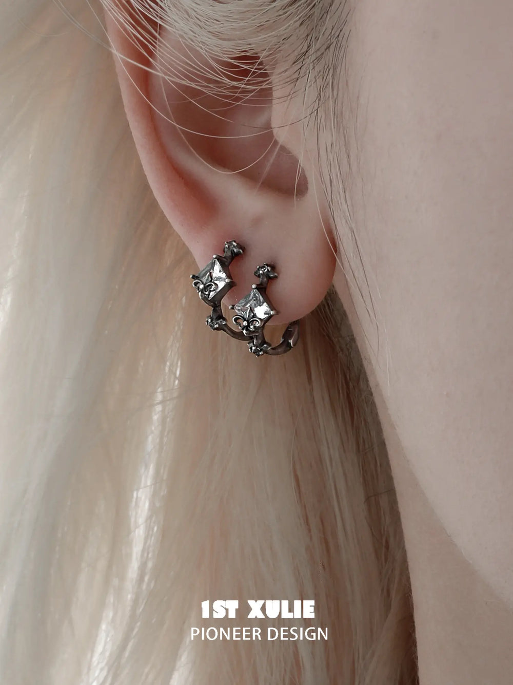 1ST XULIE Jewelry "Irises" Vintage Oxidized Iris Huggie Hoop Earrings in 925 Sterling Silver - Detail Shot