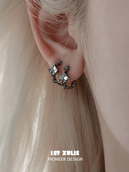 1ST XULIE Jewelry "Irises" Vintage Oxidized Iris Huggie Hoop Earrings in 925 Sterling Silver - Detail Shot