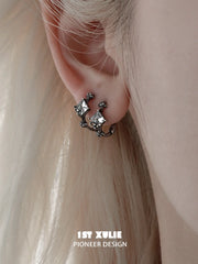1ST XULIE Jewelry "Irises" Vintage Oxidized Iris Huggie Hoop Earrings in 925 Sterling Silver - Detail Shot
