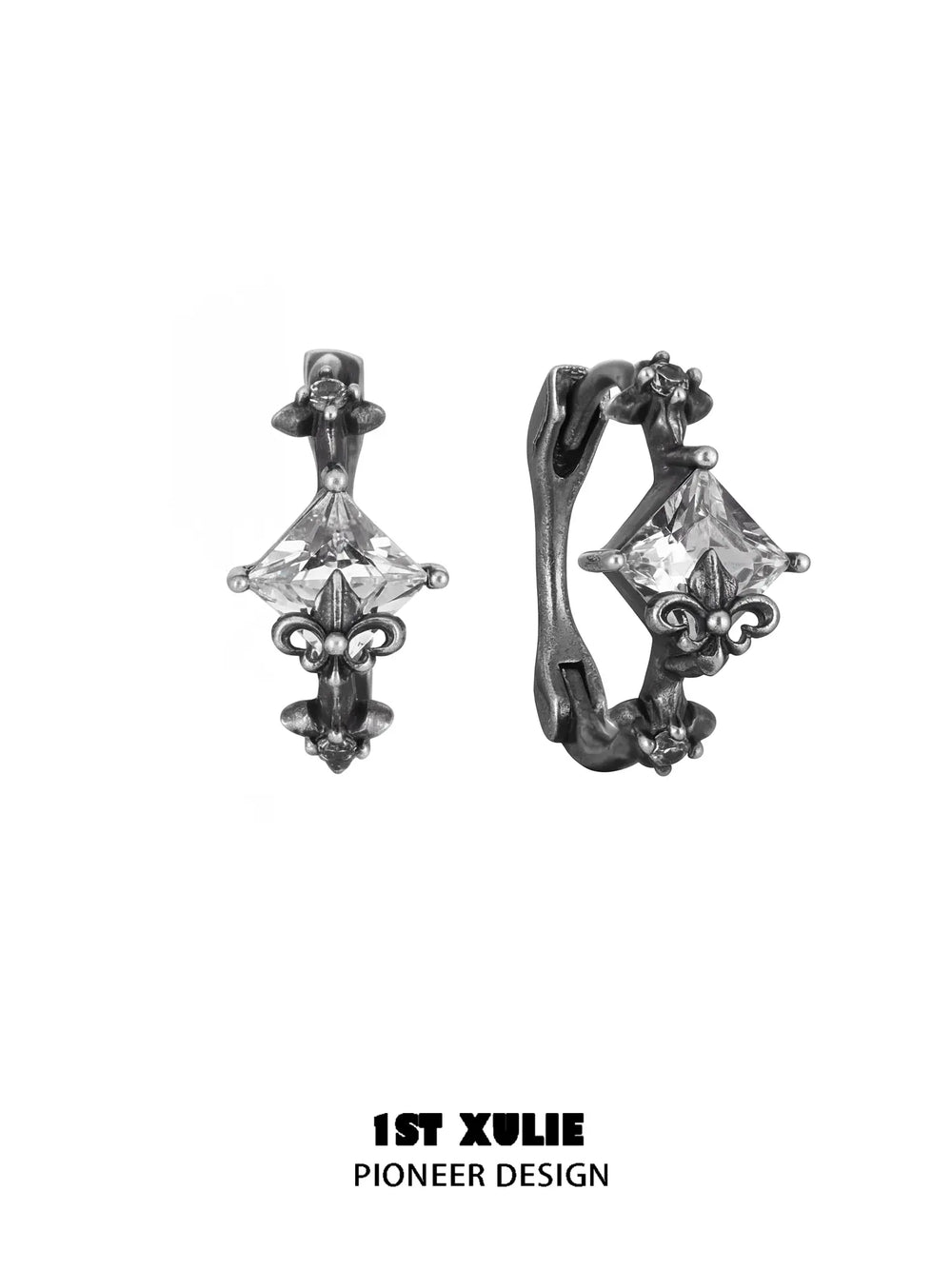 1ST XULIE Jewelry "Irises" Vintage Oxidized Iris Huggie Hoop Earrings in 925 Sterling Silver - Lifestyle Shot