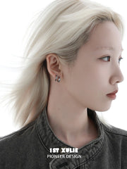 1ST XULIE Jewelry "Irises" Vintage Oxidized Iris Huggie Hoop Earrings in 925 Sterling Silver - On Model