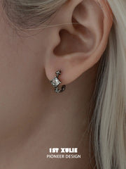 1ST XULIE Jewelry "Irises" Vintage Oxidized Iris Huggie Hoop Earrings in 925 Sterling Silver - Side View