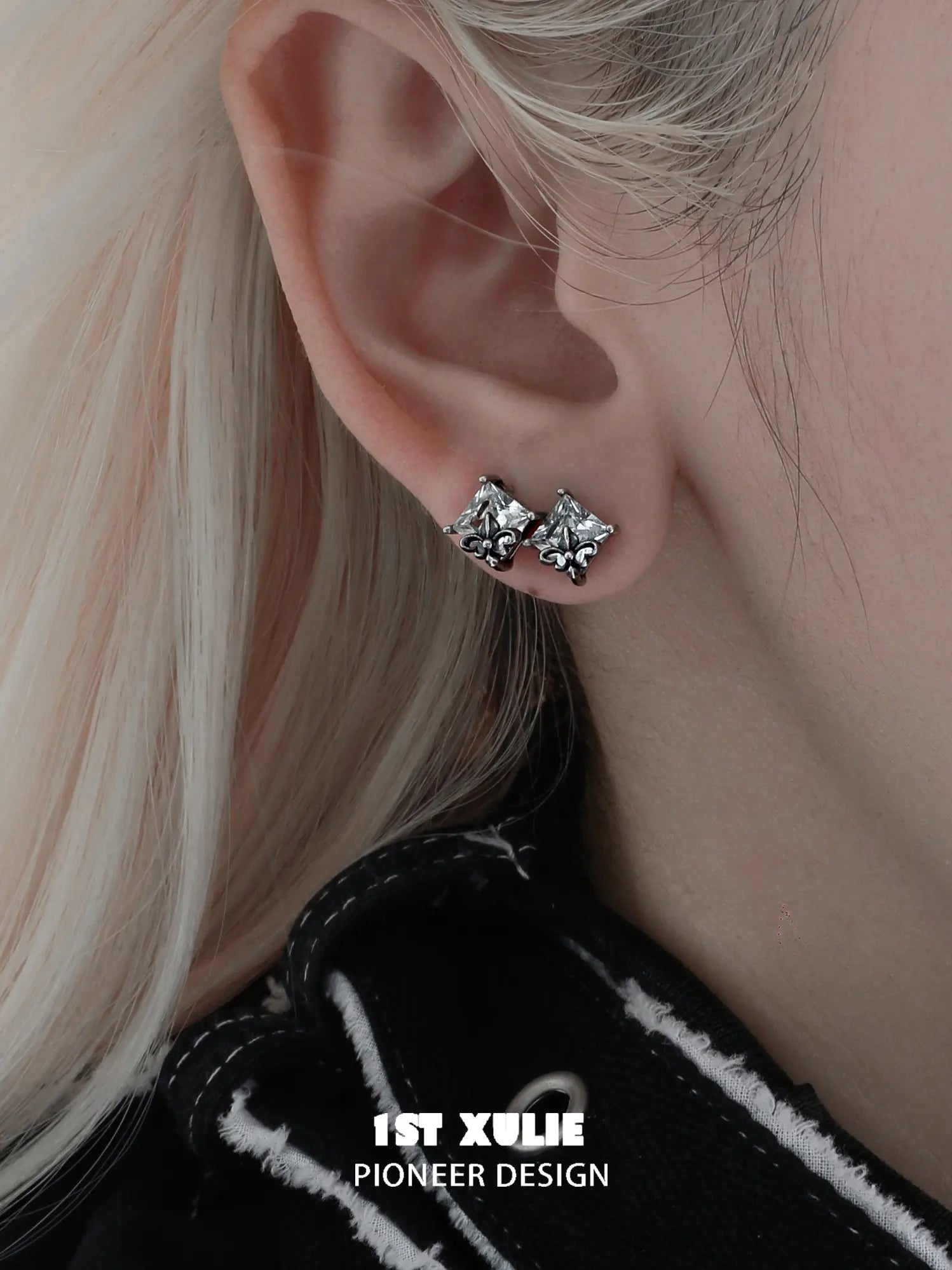 1ST XULIE Jewelry "Irises" Vintage Oxidized Iris Stud Earrings in 925 Sterling Silver - Angle View