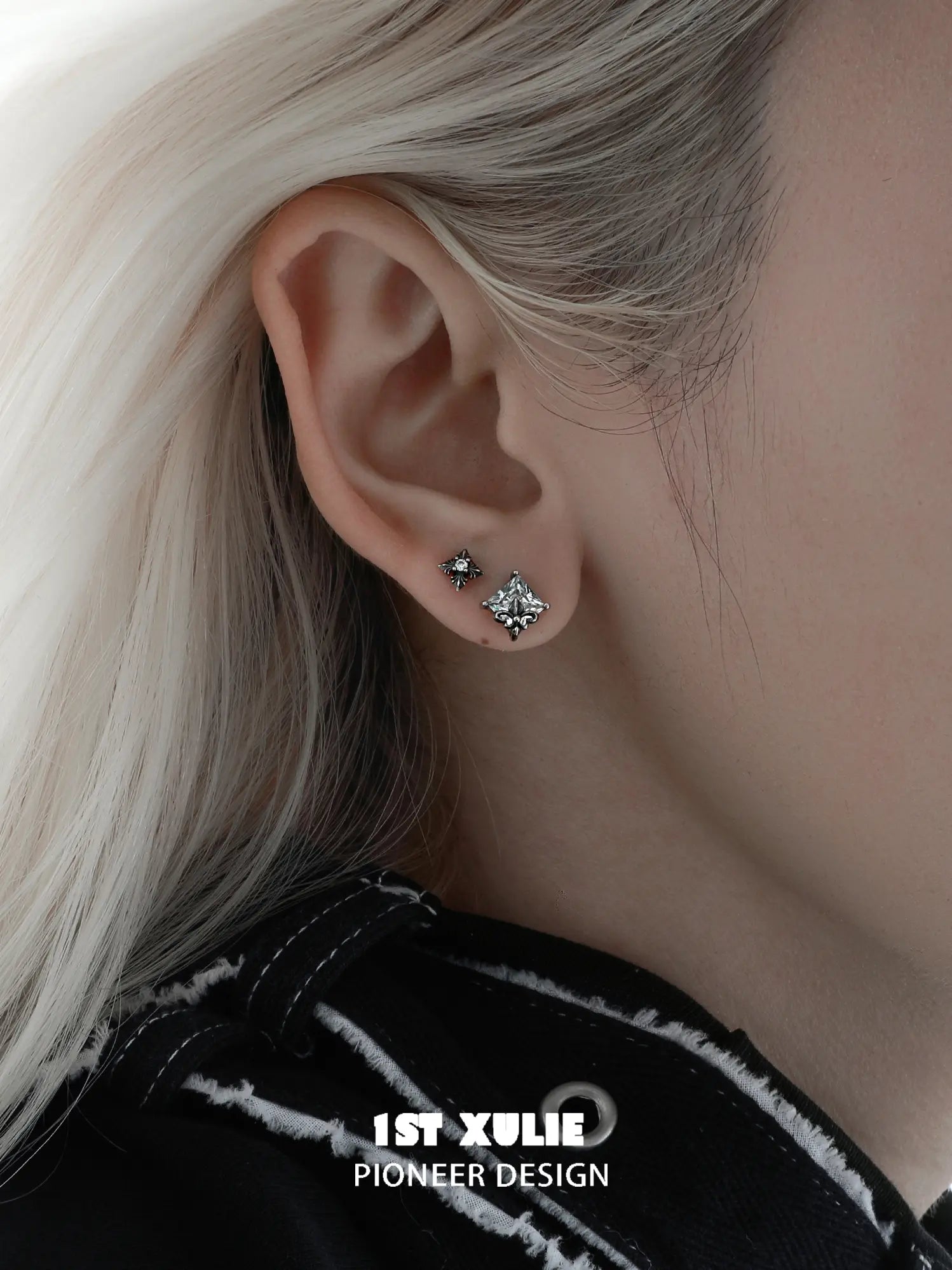 1ST XULIE Jewelry "Irises" Vintage Oxidized Iris Stud Earrings in 925 Sterling Silver - Product View