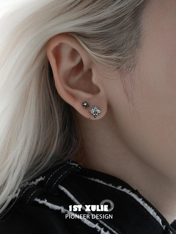 "Irises" 925 Sterling Silver Vintage Oxidized Iris Stud Earrings, Zirconia