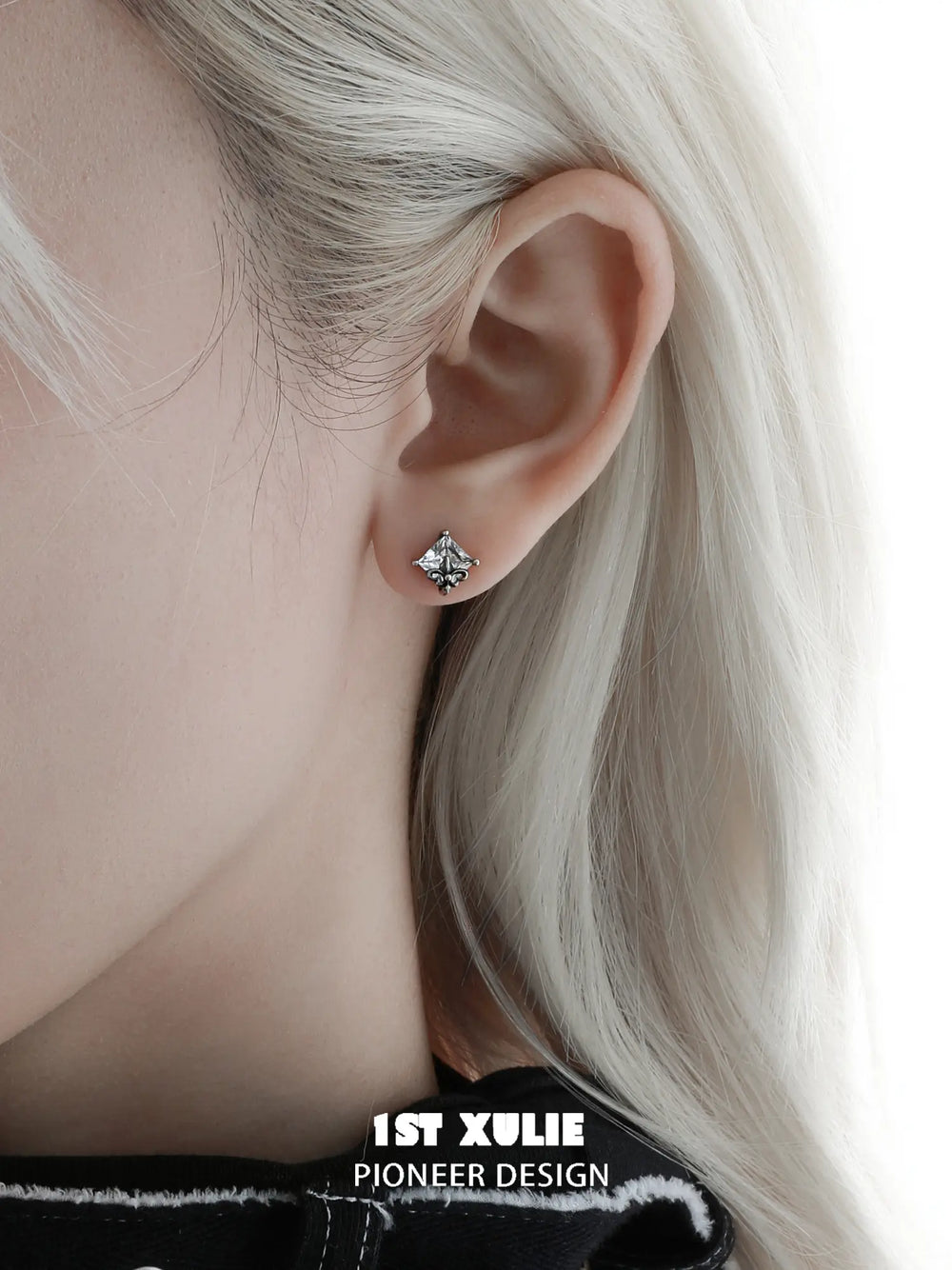 1ST XULIE Jewelry "Irises" Vintage Oxidized Iris Stud Earrings in 925 Sterling Silver - On Model