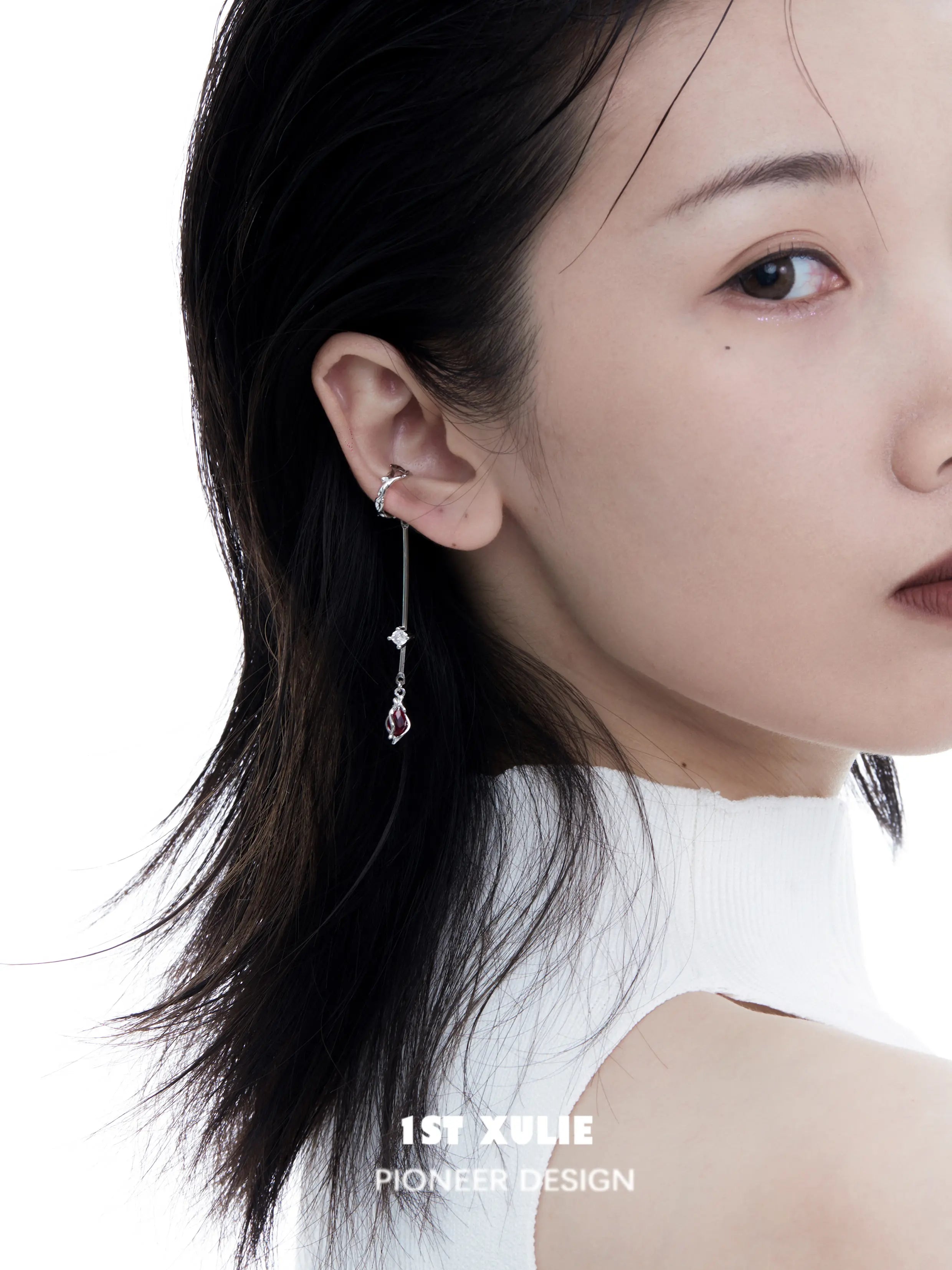 1ST XULIE "Taboo Rose" Vintage Red Gem Rose Dangle Ear Cuffs in Platinum Plated - Detail Shot