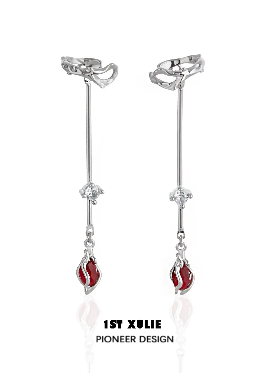 1ST XULIE "Taboo Rose" Vintage Red Gem Rose Dangle Ear Cuffs in Platinum Plated - Product View