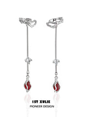 1ST XULIE "Taboo Rose" Vintage Red Gem Rose Dangle Ear Cuffs in Platinum Plated - Product View