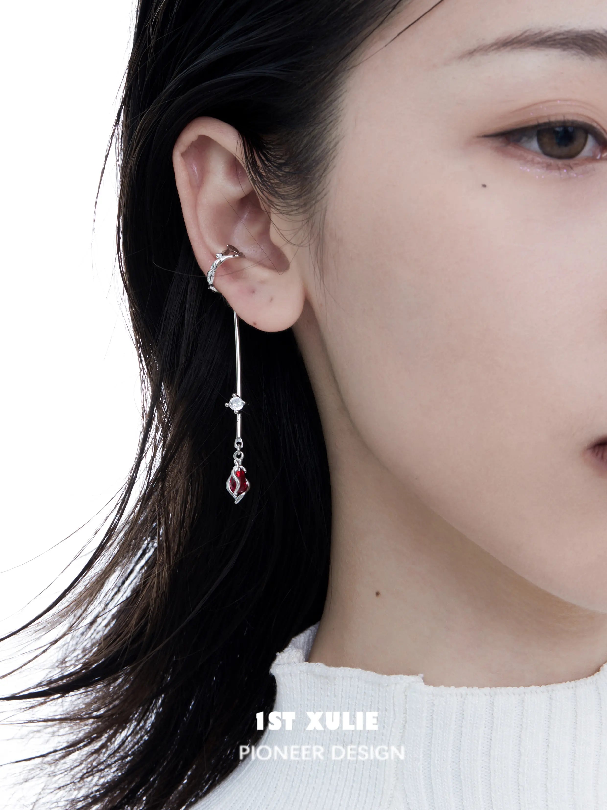 1ST XULIE "Taboo Rose" Vintage Red Gem Rose Dangle Ear Cuffs in Platinum Plated - On Model