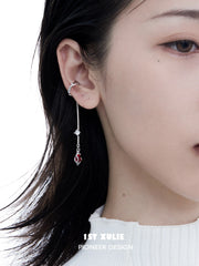1ST XULIE "Taboo Rose" Vintage Red Gem Rose Dangle Ear Cuffs in Platinum Plated - On Model