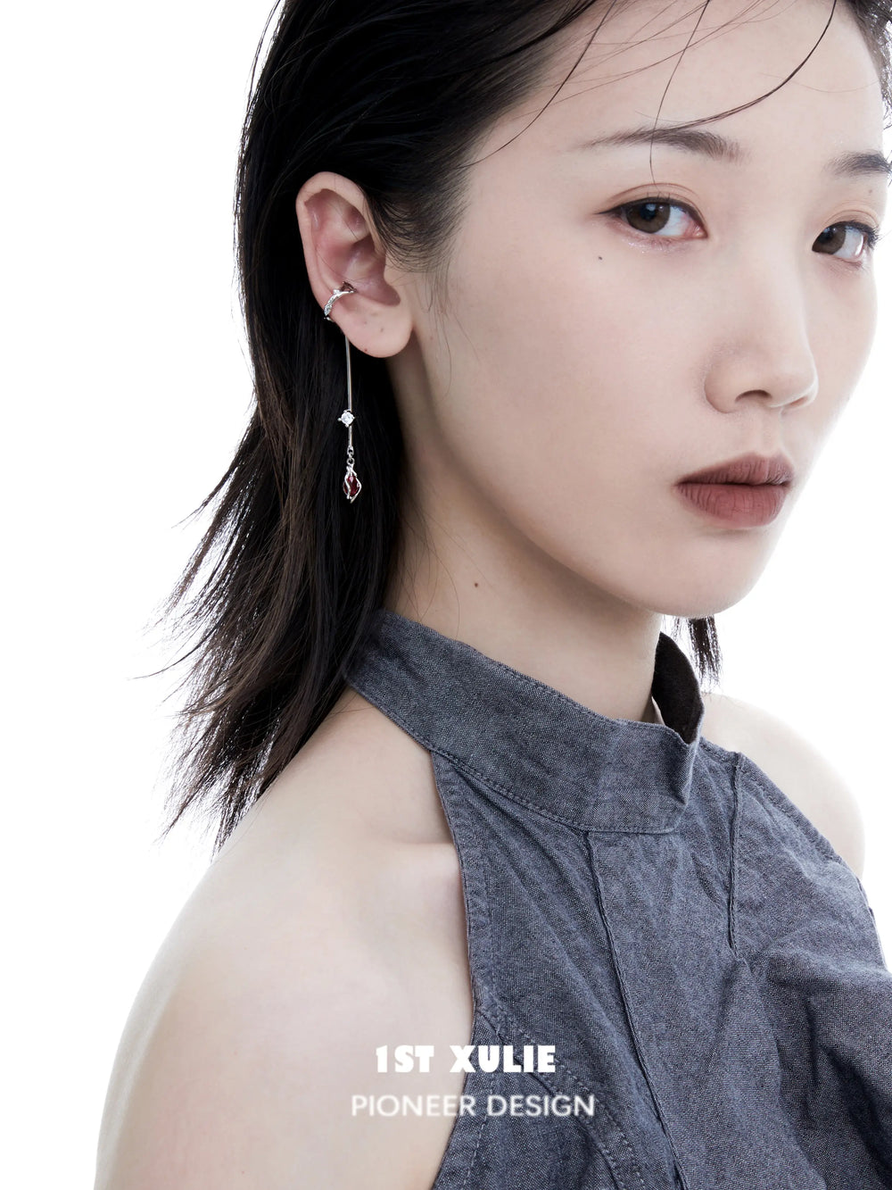 1ST XULIE "Taboo Rose" Vintage Red Gem Rose Dangle Ear Cuffs in Platinum Plated - Side View