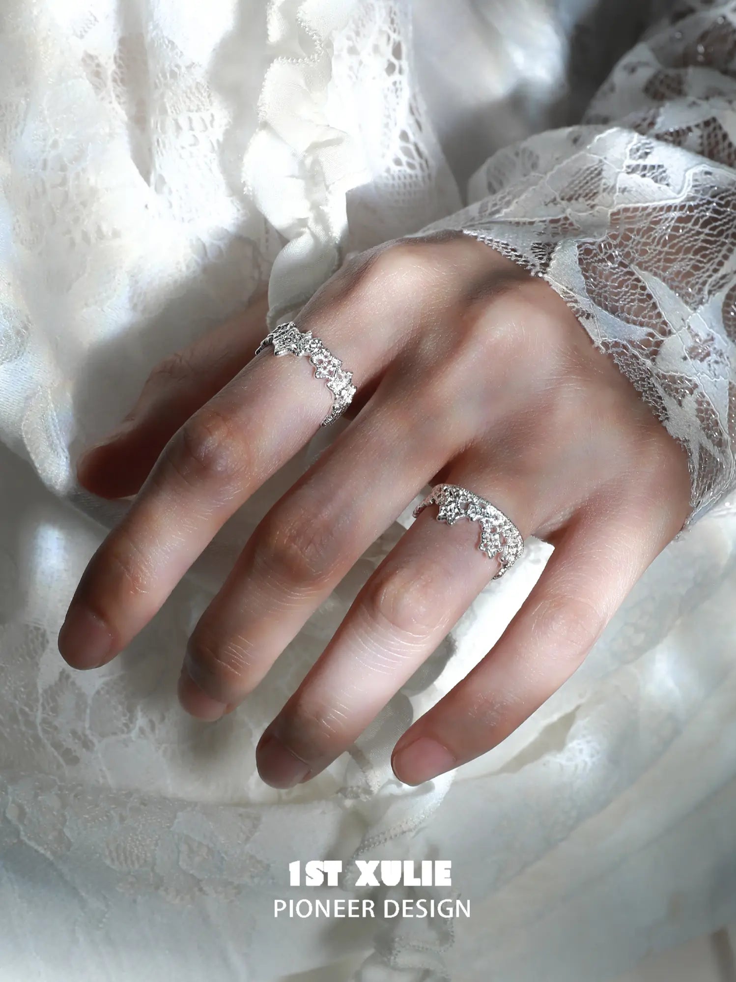 1ST XULIE Jewelry "STARLIGHT LACE" Vintage Rococo Star Open Ring in 925 Sterling Silver - On Model Close-up