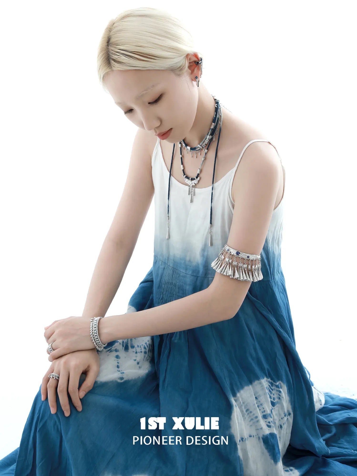 1ST XULIE Jewelry "MIAO" Vintage Sodalite Statement Upper Arm Cuff in Platinum Plated Brass - Angle 1