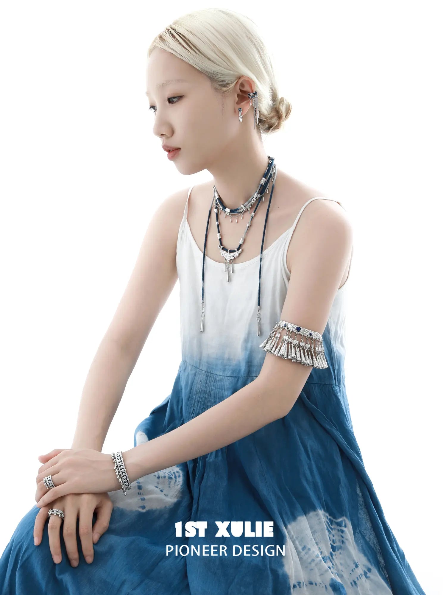 1ST XULIE Jewelry "MIAO" Vintage Sodalite Statement Upper Arm Cuff in Platinum Plated Brass - Back View