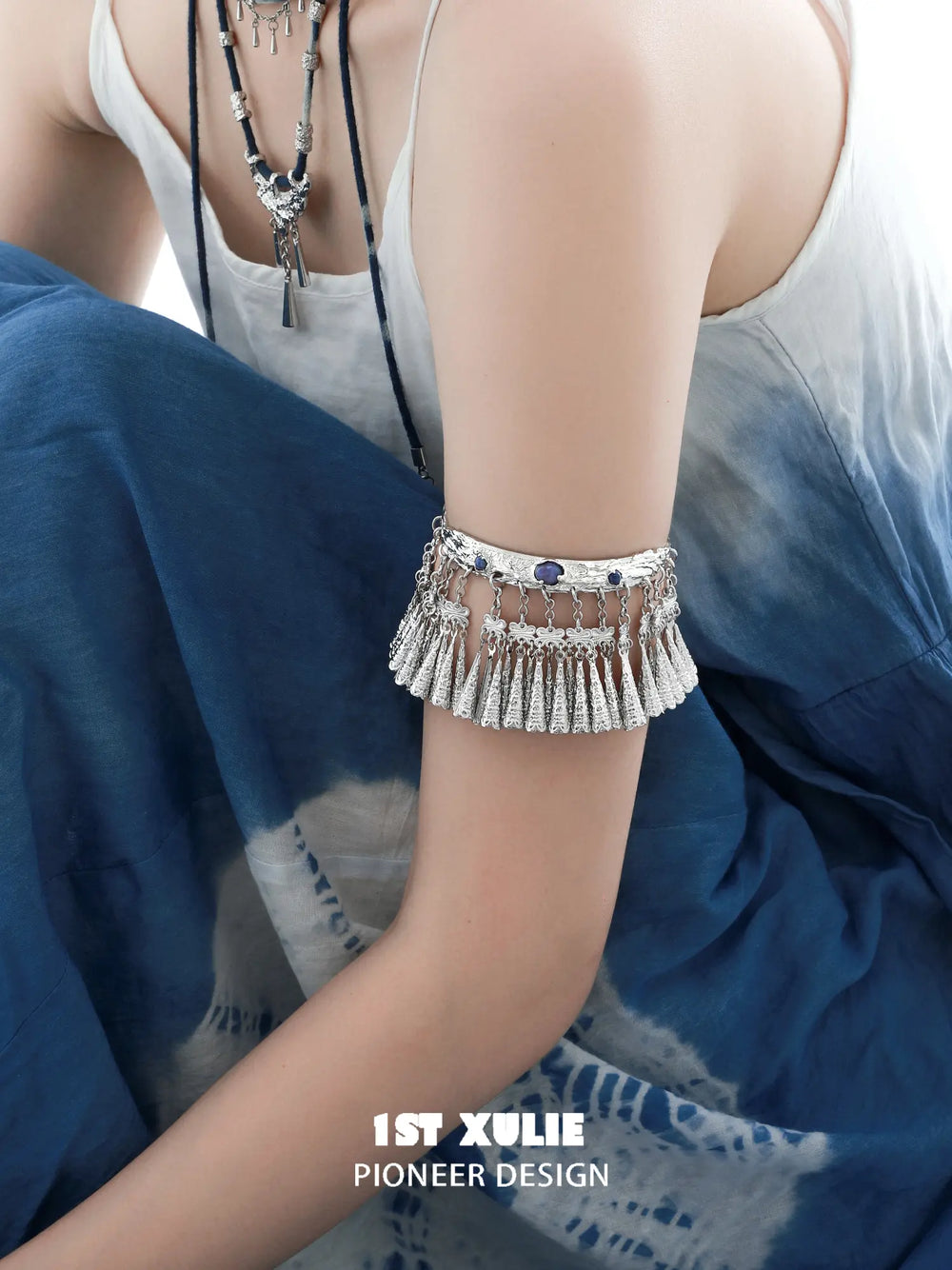 1ST XULIE Jewelry "MIAO" Vintage Sodalite Statement Upper Arm Cuff in Platinum Plated Brass - Detail Shot