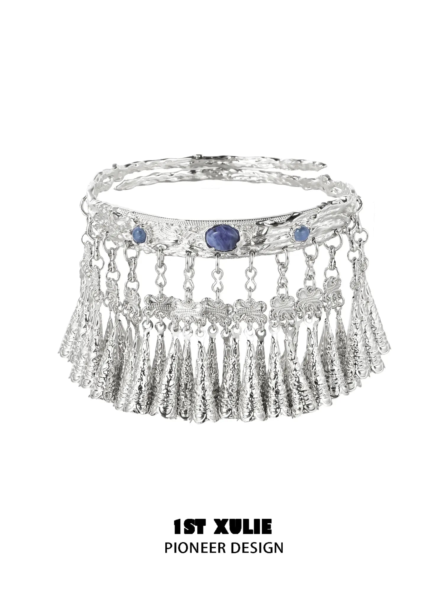 1ST XULIE Jewelry "MIAO" Vintage Sodalite Statement Upper Arm Cuff in Platinum Plated Brass - On Model