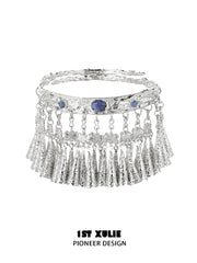 1ST XULIE Jewelry "MIAO" Vintage Sodalite Statement Upper Arm Cuff in Platinum Plated Brass - On Model