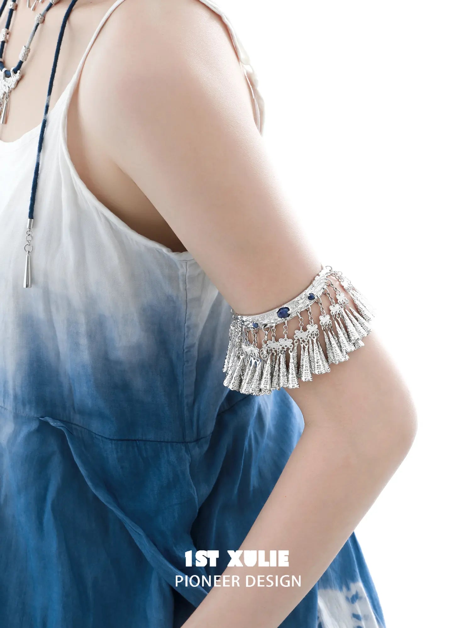 1ST XULIE Jewelry "MIAO" Vintage Sodalite Statement Upper Arm Cuff in Platinum Plated Brass - Side View