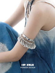 1ST XULIE Jewelry "MIAO" Vintage Sodalite Statement Upper Arm Cuff in Platinum Plated Brass - Texture