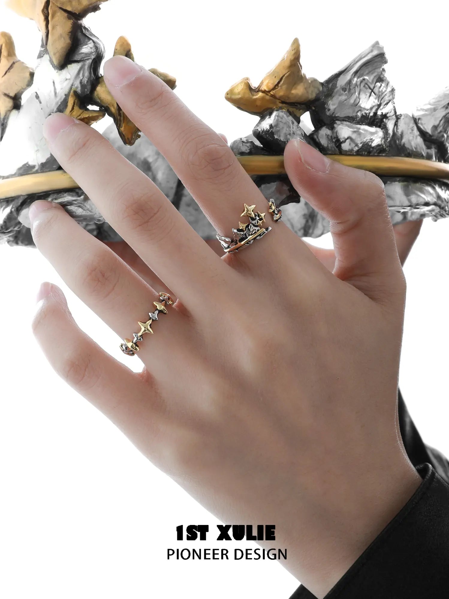 1ST XULIE Jewelry "Knight's Oath" Vintage Sword Crown Adjustable Open Rings in 925 Sterling Silver - Angle View