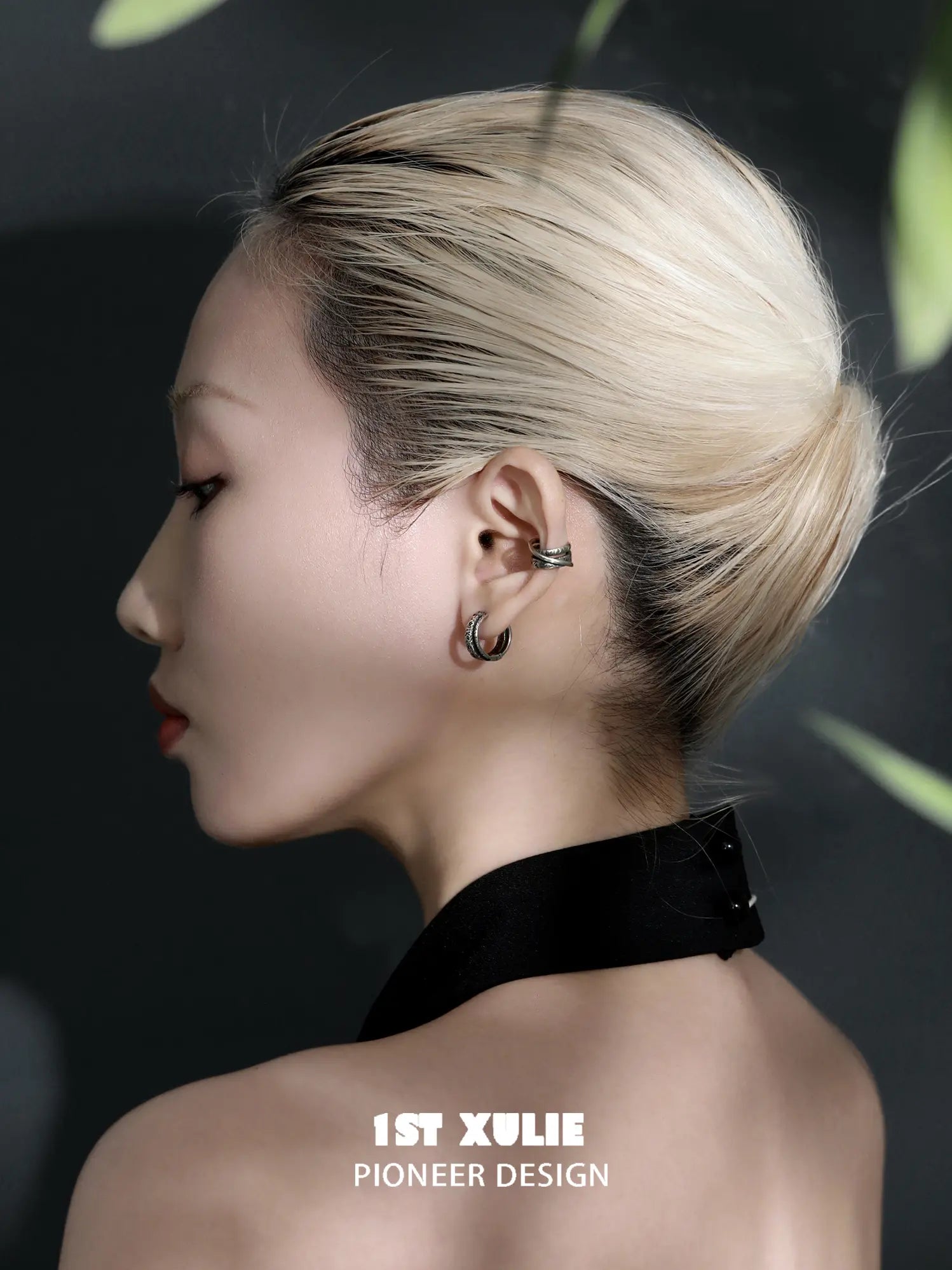 1ST XULIE Jewelry "MONOLOGUES" Vintage Textured Huggie Hoop Earrings in Platinum Plated - Angle View