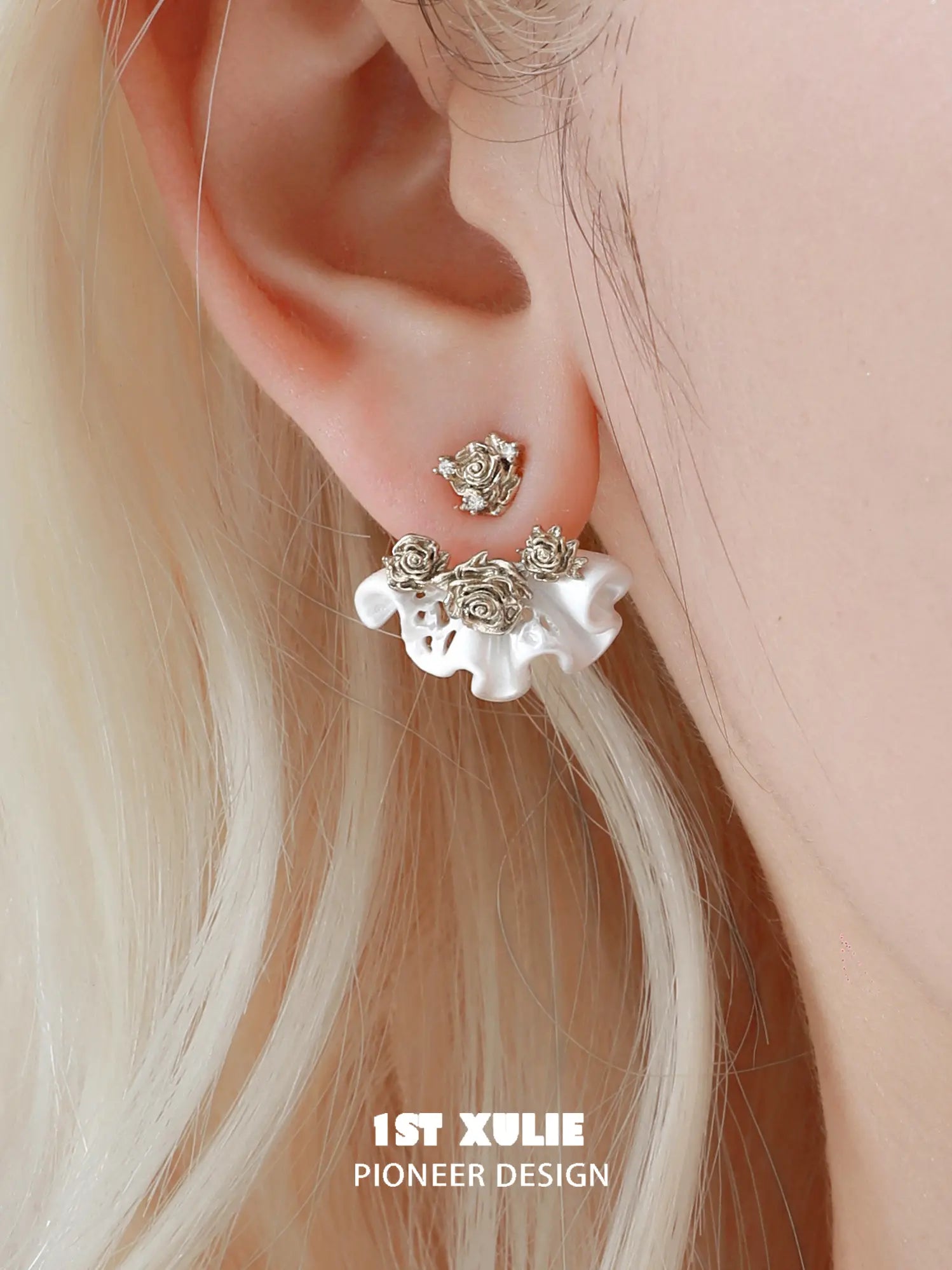 1ST XULIE Jewelry "Lace Rose" Vintage Two-Tone Statement Dangle Drop Fan Earrings in 14K Gold Plated - Angle 2
