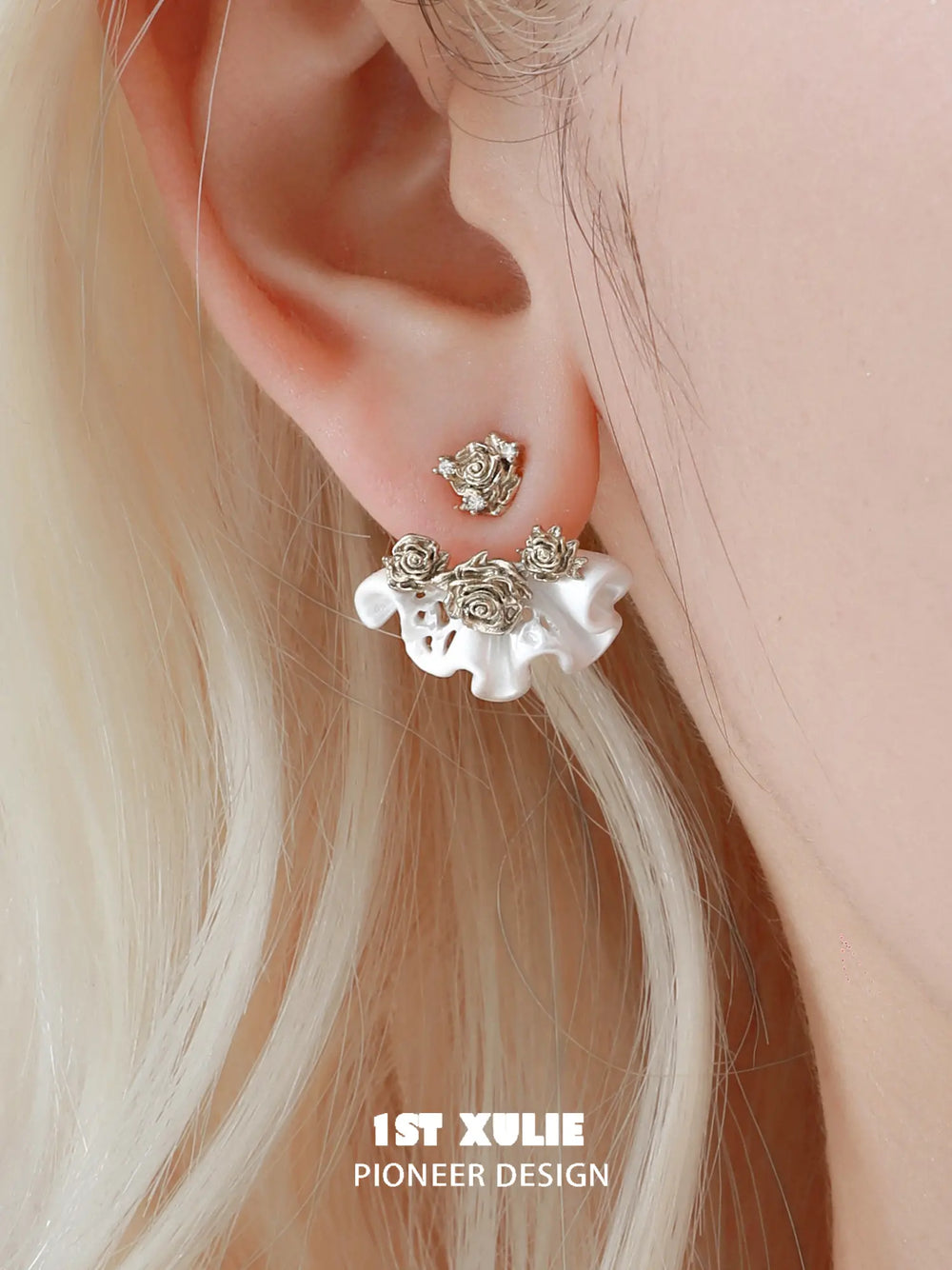 1ST XULIE Jewelry "Lace Rose" Vintage Two-Tone Statement Dangle Drop Fan Earrings in 14K Gold Plated - Angle 2