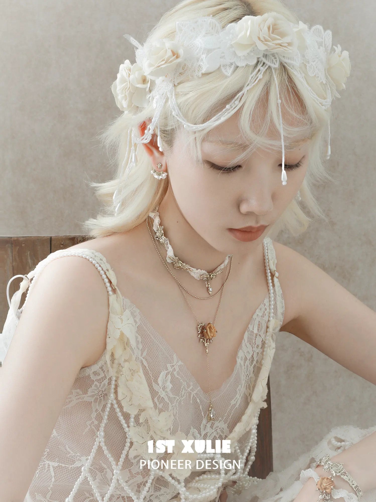 1ST XULIE Jewelry "Lace Rose" Vintage Two-Tone Statement Dangle Drop Fan Earrings in 14K Gold Plated - Detail Shot
