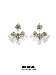 1ST XULIE Jewelry "Lace Rose" Vintage Two-Tone Statement Dangle Drop Fan Earrings in 14K Gold Plated - Lifestyle Shot