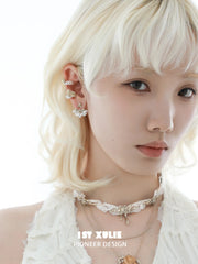 1ST XULIE Jewelry "Lace Rose" Vintage Two-Tone Statement Dangle Drop Fan Earrings in 14K Gold Plated - On Model