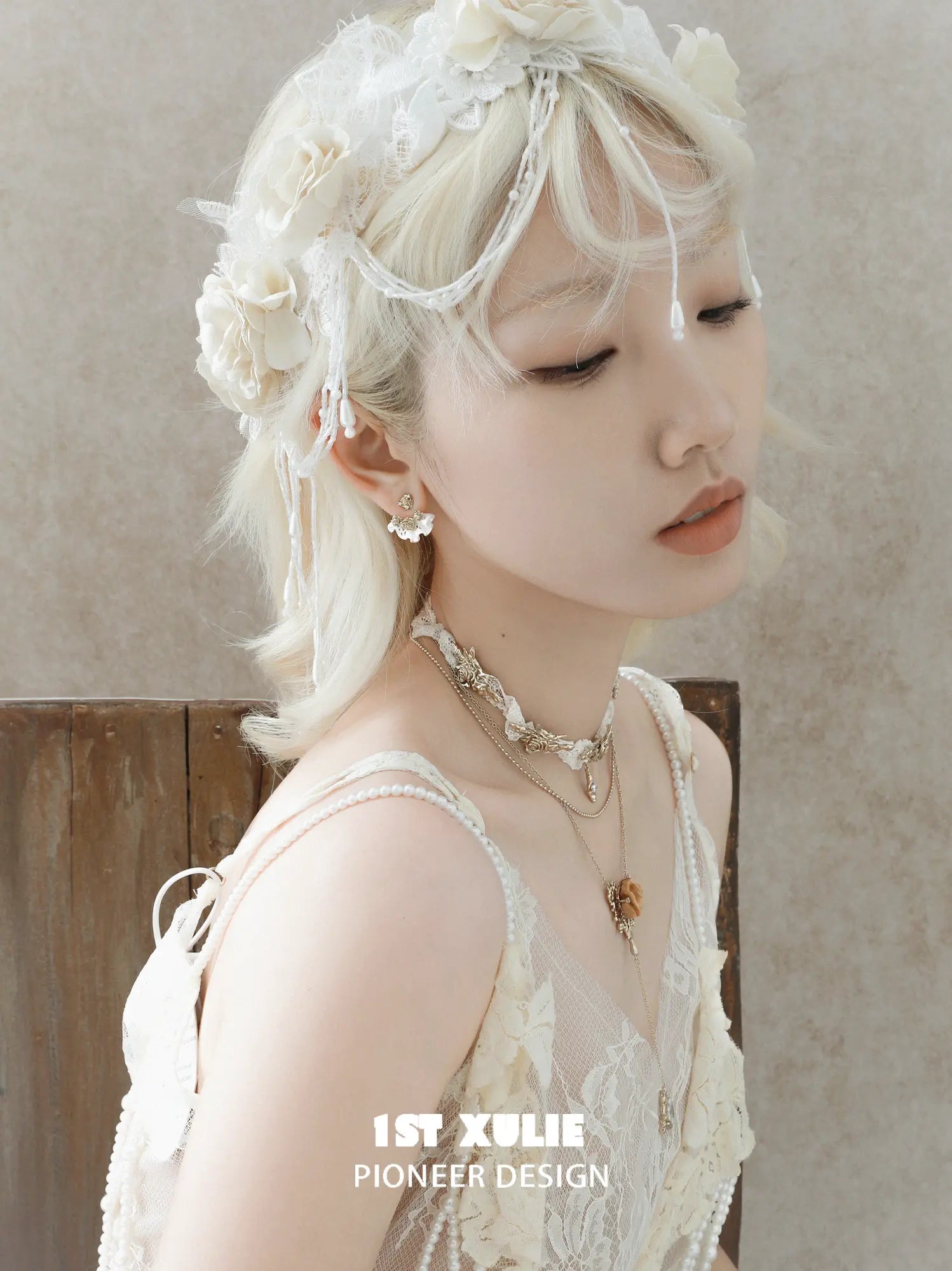 1ST XULIE Jewelry "Lace Rose" Vintage Two-Tone Statement Dangle Drop Fan Earrings in 14K Gold Plated - Side View