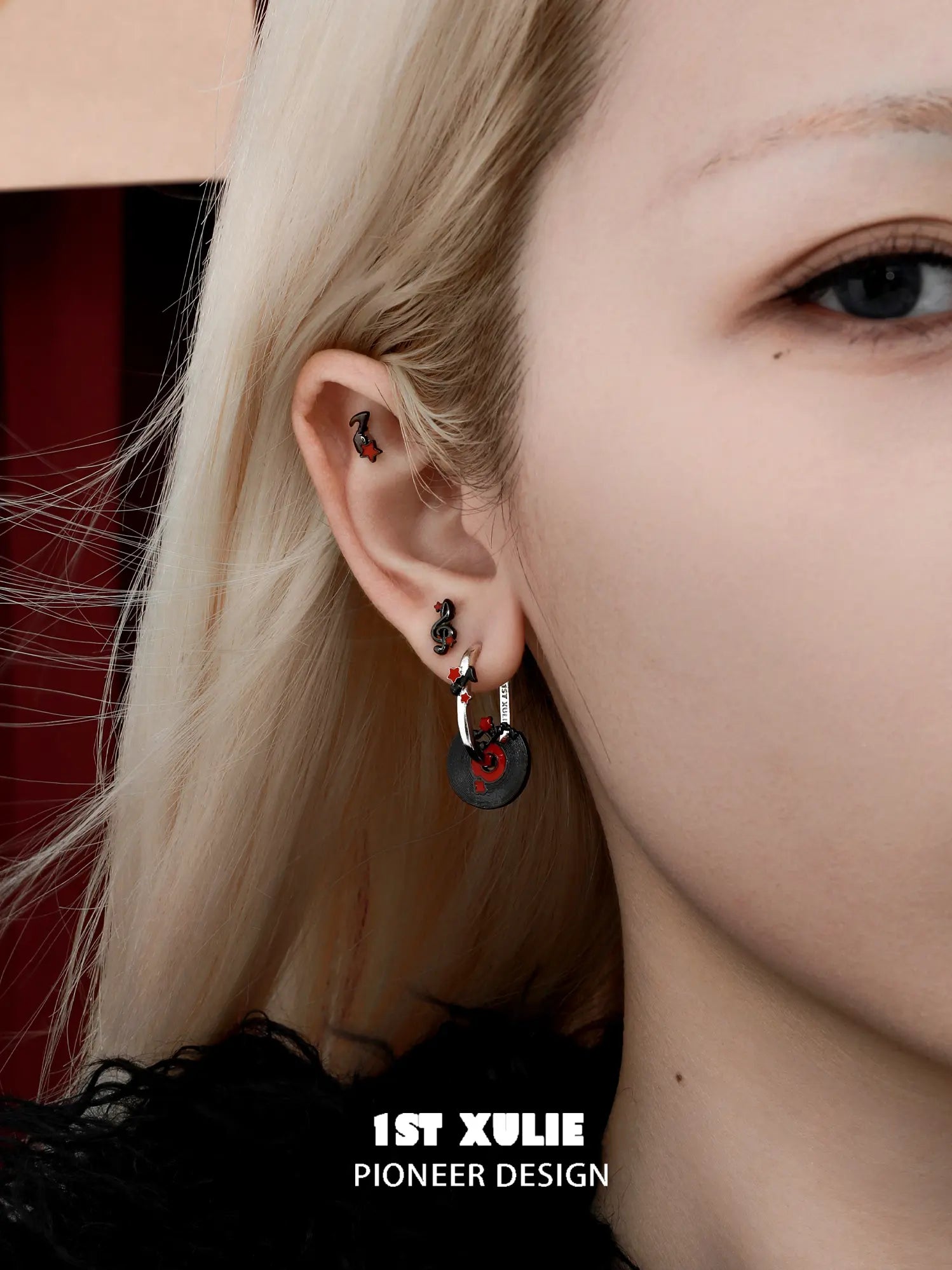 1ST XULIE "VINYL" Vinyl Record Charm Hoop Earrings in Platinum Plated - Angle View