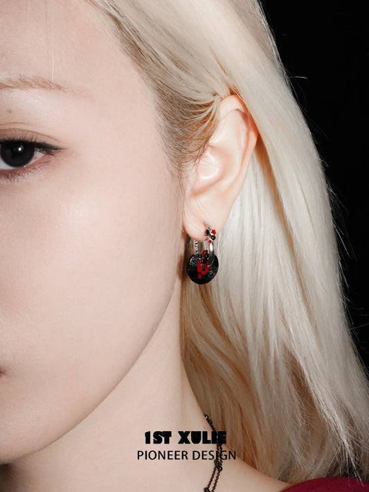 1ST XULIE "VINYL" Vinyl Record Charm Hoop Earrings in Platinum Plated - Side View