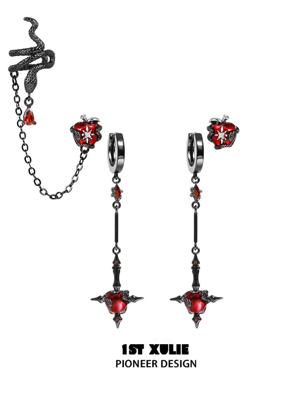 1ST XULIE "Forbidden Love" Viper's Apple Statement Chain Dangle Earrings in 18K Black Gold Plated - Product View