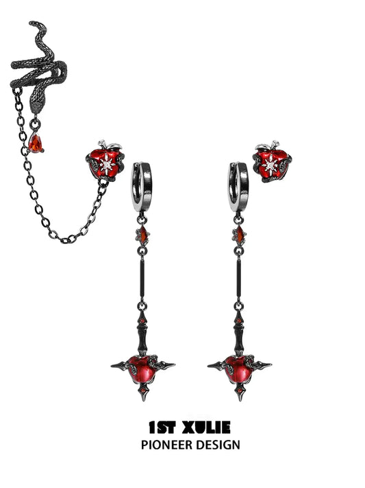 1ST XULIE "Forbidden Love" Viper's Apple Statement Chain Dangle Earrings in 18K Black Gold Plated - Product View