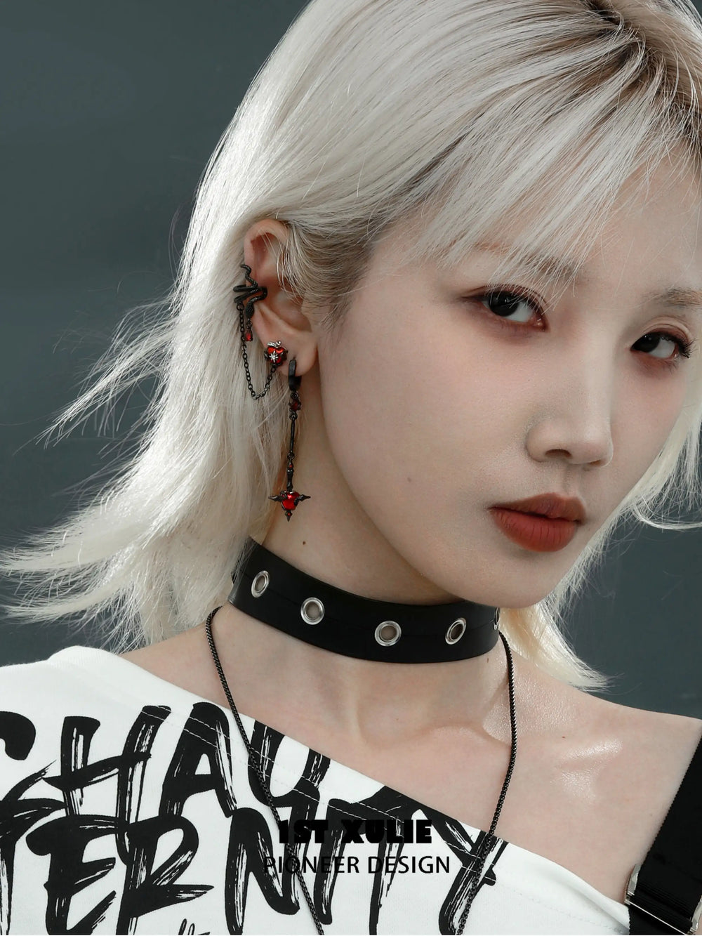 1ST XULIE "Forbidden Love" Viper's Apple Statement Chain Dangle Earrings in 18K Black Gold Plated - On Model View 2