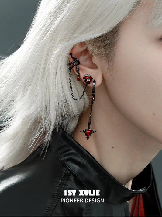 1ST XULIE "Forbidden Love" Viper's Apple Statement Chain Dangle Earrings in 18K Black Gold Plated - On Model