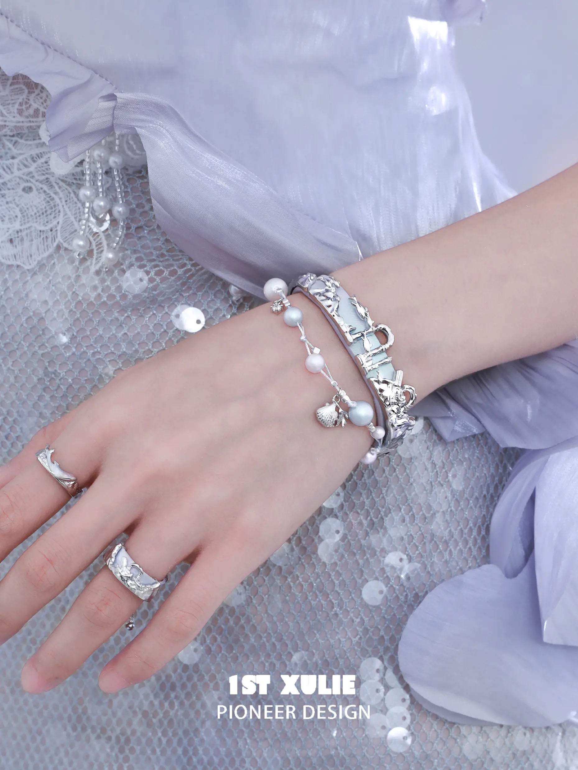 1ST XULIE "ATLANTIS" Whale & Pearl Layered Bracelet Set in Platinum Plated Brass - Side View