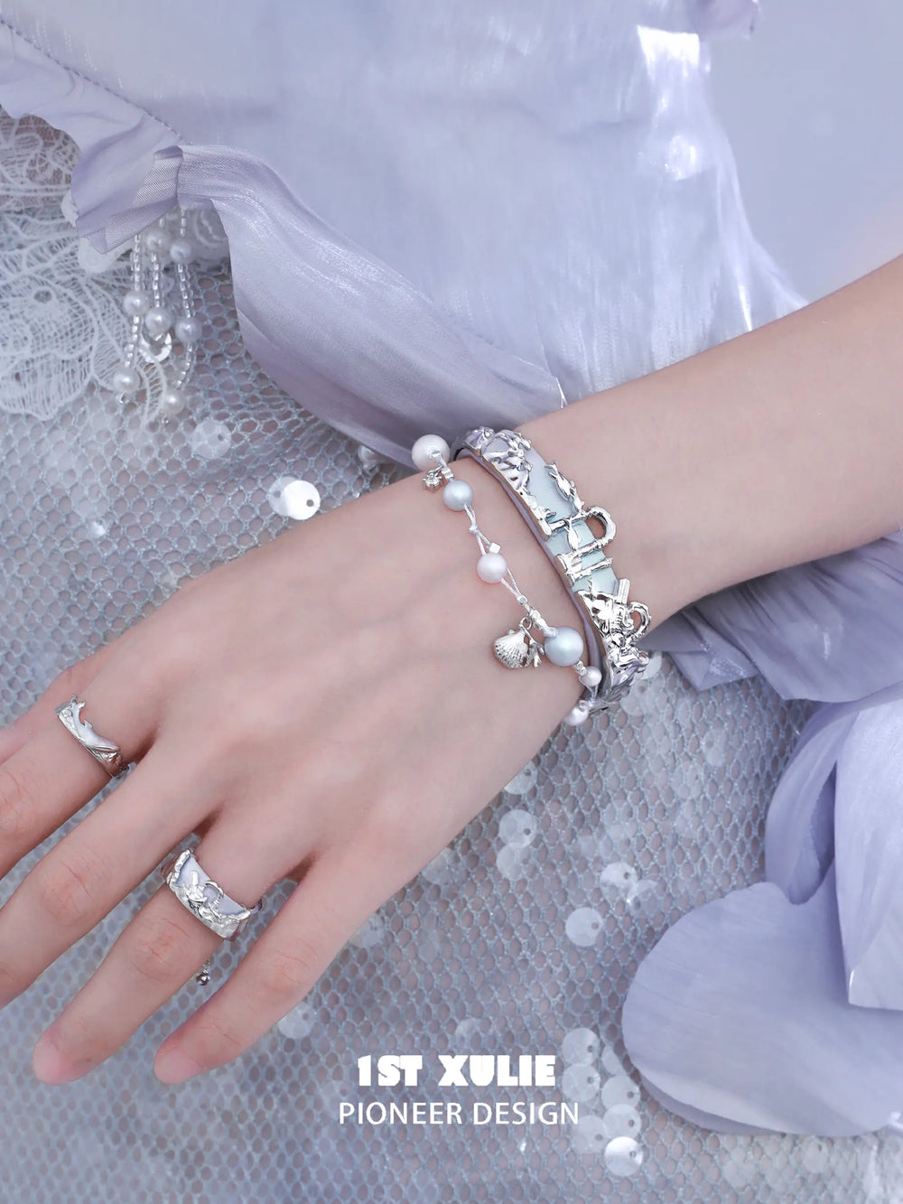 1ST XULIE "ATLANTIS" Whale & Pearl Layered Bracelet Set in Platinum Plated Brass - Side View