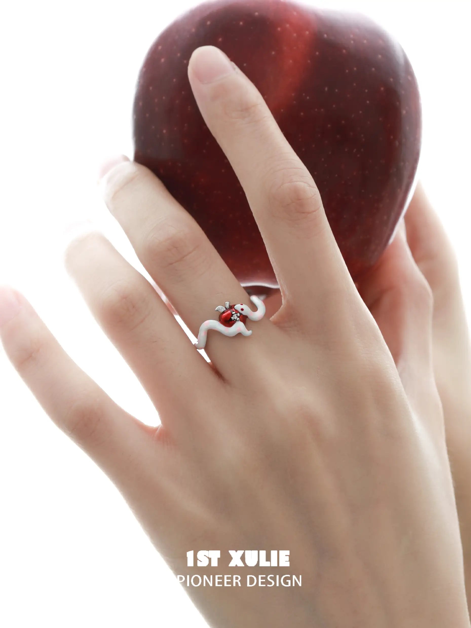 1ST XULIE "Nom Nom Snake" Whimsical Apple & Snake Open Ring in 925 Sterling Silver - On Model