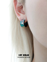 1ST XULIE "Ghosts Black Cat" Whimsical Enamel Cat Stud Earrings in Platinum Plated - Detail Shot