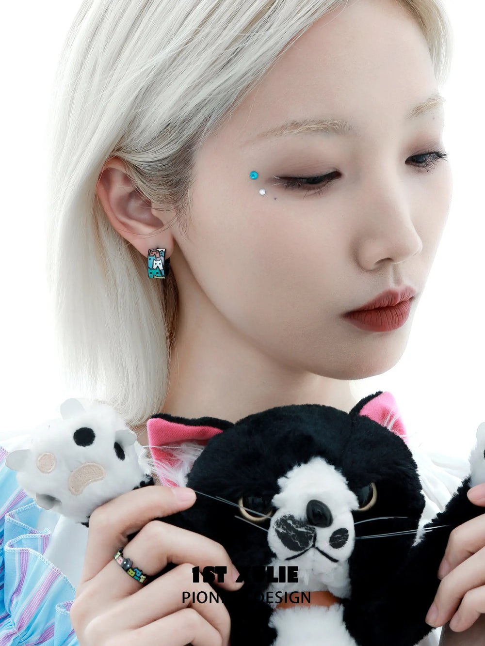1ST XULIE "Ghosts Black Cat" Whimsical Enamel Cat Stud Earrings in Platinum Plated - Detail Shot