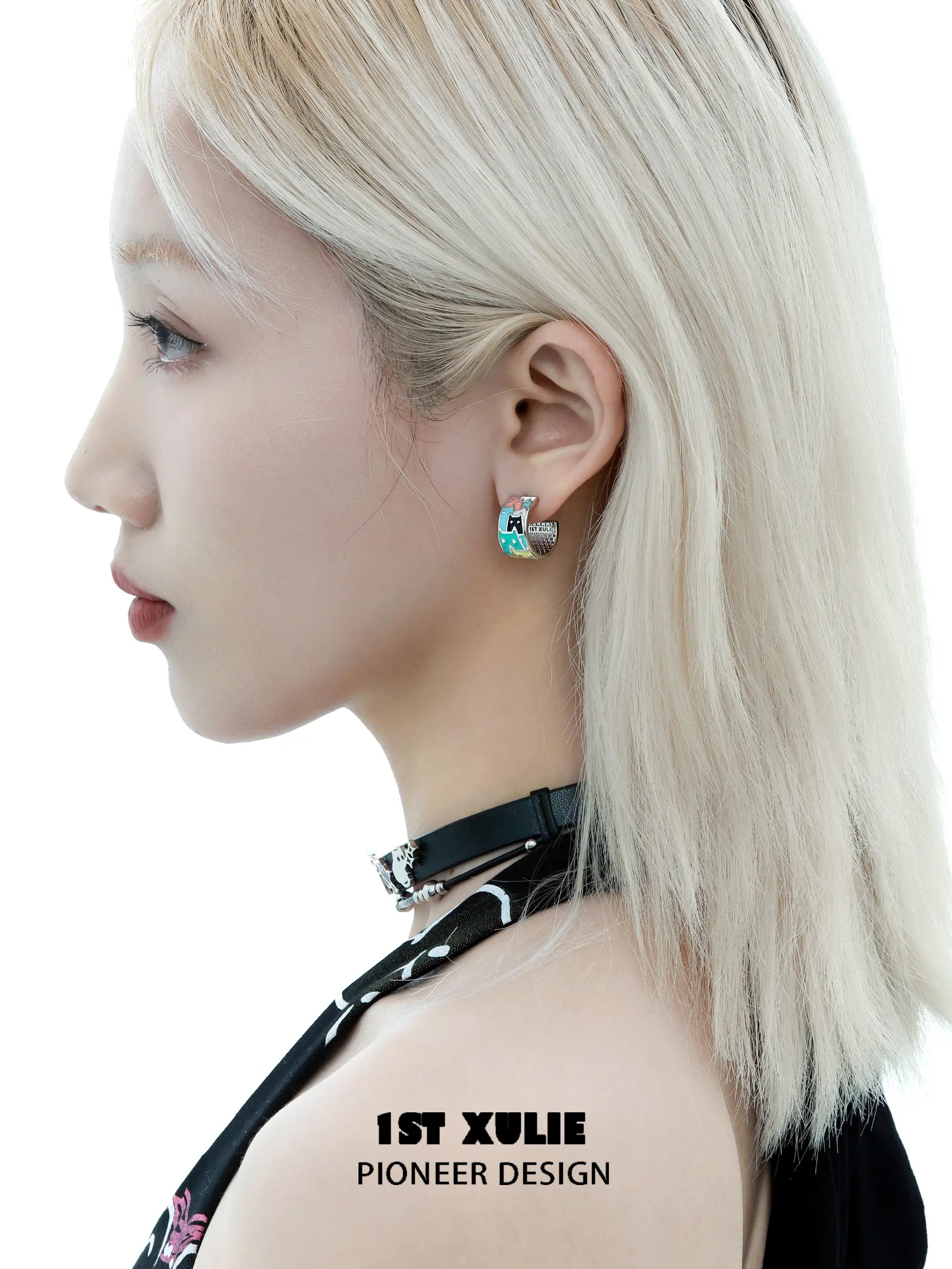 1ST XULIE "Ghosts Black Cat" Whimsical Enamel Cat Stud Earrings in Platinum Plated - Lifestyle Shot